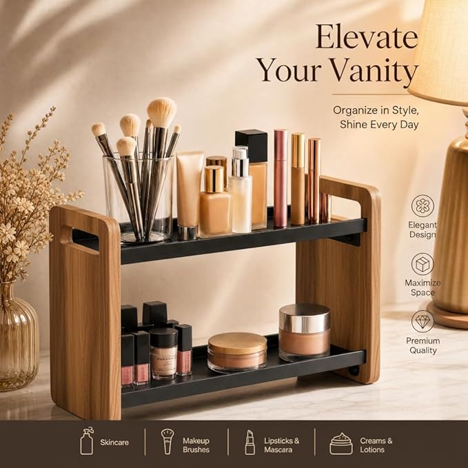 Narrow Solid Wood Bathroom Counter Organizer, Space-Saving Bathroom Storage Rack for Vanity, Multi-Purpose Kitchen Spice Rack & Bedroom Makeup Organizer(Acacia, 2 Tier)