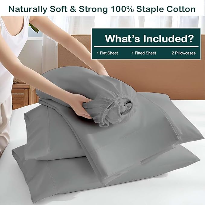 NON Sticky cotton Queen Size Sleeper Sofa Sheets, 4 Piece Egyptian Cotton Bed Sheet Set for Sofa Bed, 7" Deep Pocket for Pull Out Couch Mattress, 60" x 75", Light Grey Solid, Soft & Breathable