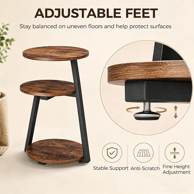 BEWISHOME Round Side Table, 3-Tier End Table, Nightstand
