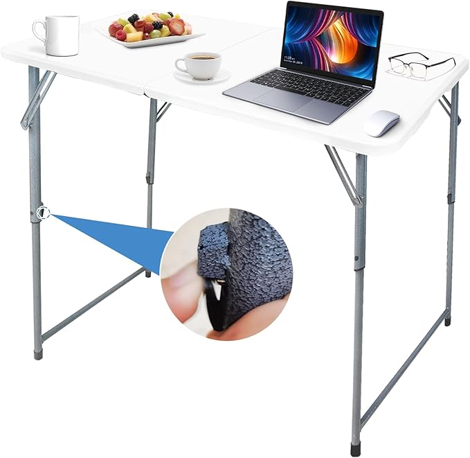 Gocamptoo Folding Table,4ft Indoor Outdoor Heavy Duty Portable Folding Square Plastic Dining Table w/Handle, Lock for Picnic, Party, Camping (4 FT)-White