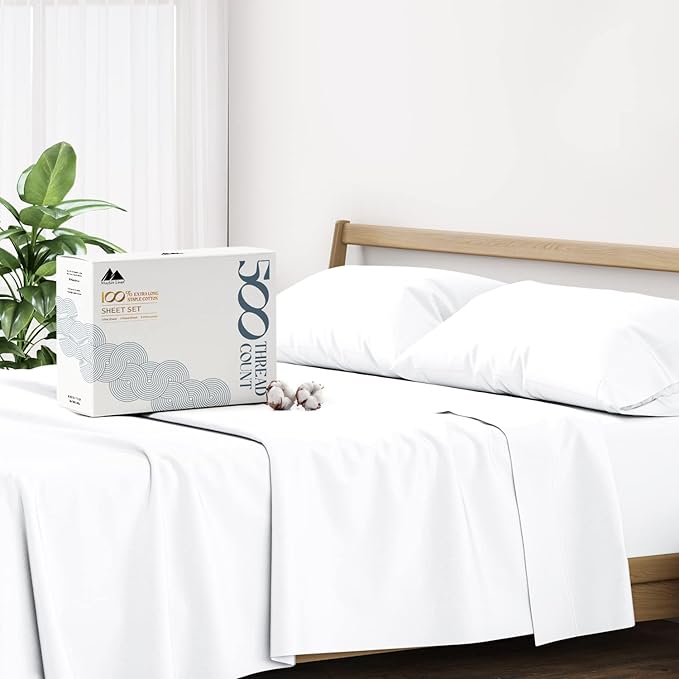 Mayfair Linen 100% Cotton Sheets King Size Bed Set - 500 Thread Count Sheets King Size 4 PC Set (White), Soft, Cooling, Hotel-Quality 16" Deep Pocket Cotton Bedsheet for Hot Sleepers