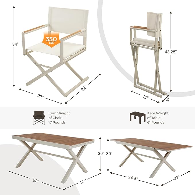 Grand patio 16-Piece Outdoor Dining Set, 14 Extra-Wide Folding Chairs & 2 Rectangle Expandable Table, Sling Mesh Patio Chairs with Wood Grain Table for Yard, Poolside, Deck, Apricot