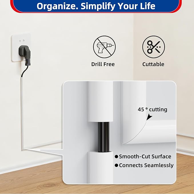 78" Side Buckle Cable Hider for 1 Cords,Extension Cord Covers for Wires On Wall,Adhesive Cord Hider for Wall Mount Tv, Wire Channel for Cable Concealer,Cable Raceway Home & Office,White