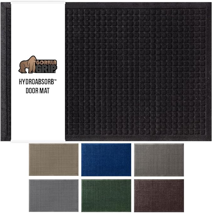 GORILLA GRIP Front Door Mat, 35x23, Indoor Outdoor Ultra Absorbent HydroAbsorb Doormat, Absorbs Up to 5.7 Cups of Water, Stain and Fade Resistant, Rubber Backing Doormats, Captures Dirt, Black