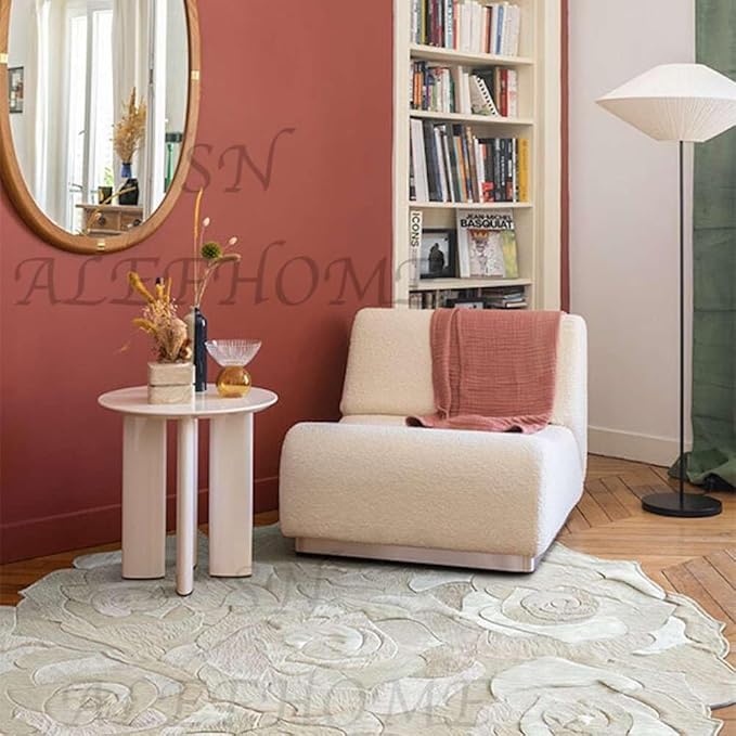 Round Floral Area Rug – Elegant Textured Rose Design – Soft Decorative Circle Mat with Non-Slip Backing for Living Room, Bedroom, Nursery, or Entryway (White_5x5 ft)