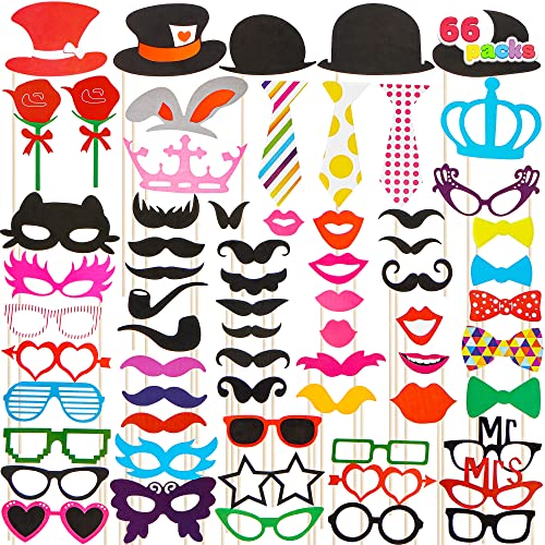 Joyin Toy Photo Booth Props 66 Pieces，Multicolor Kit for Graduation Wedding Party Supplies Favors，with Stick, Hats, Glasses, Mouth, Bowler, Bowties