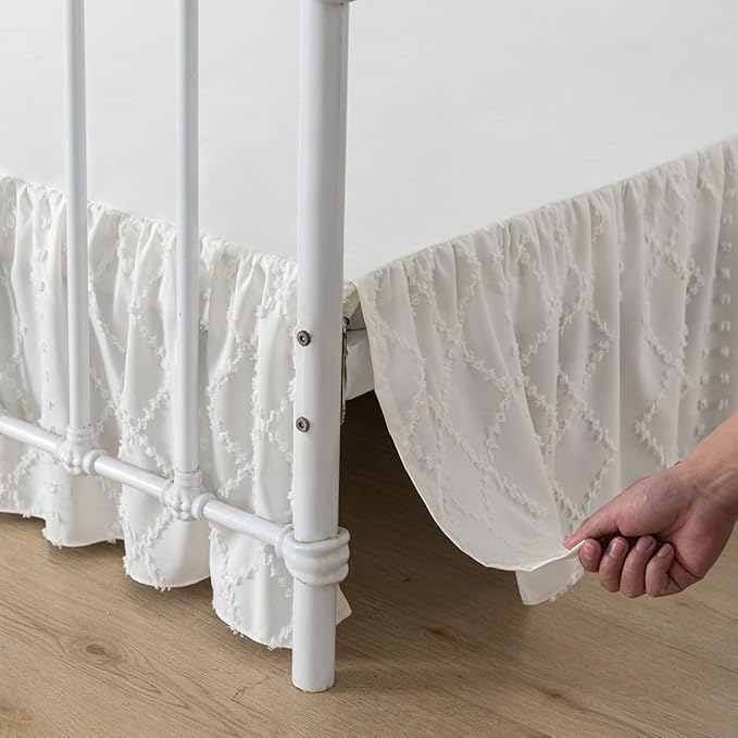 Bed Skirt Full Size Ruffled Bed Skirt with Split Corners, 14 Inch Drop Dust Ruffle Bed Skirts with Platform, Boho Tufted Shabby Chic Full Size Bed Skirts, Ivory