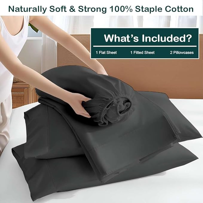 NON Sticky cotton Queen Size Sleeper Sofa Sheets, 4 Piece Egyptian Cotton Bed Sheet Set for Sofa Bed, 8" Deep Pocket for Pull Out Couch Mattress, 60" x 75", Dark Grey Solid, Soft & Breathable