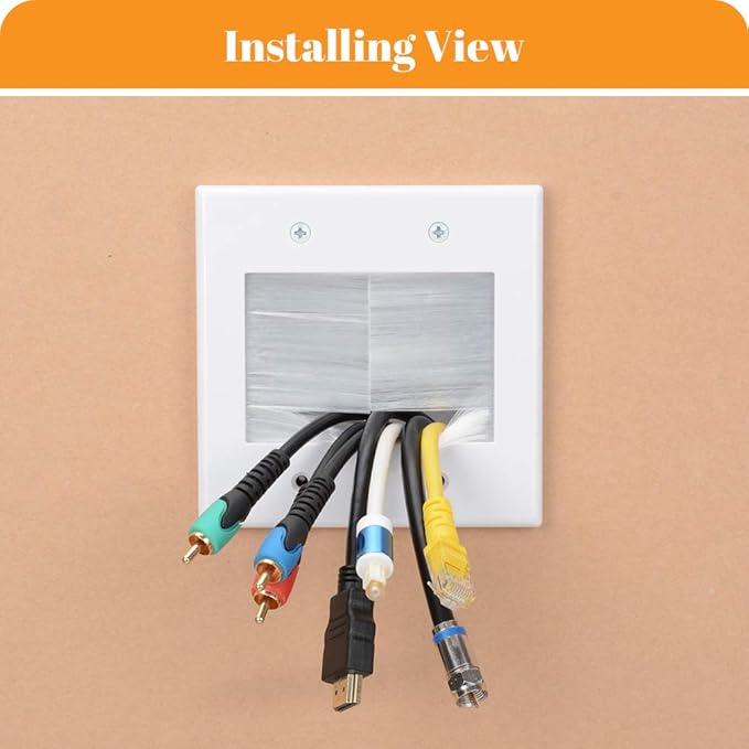 2 Gang Brush Wall Plate, White 2-Gang Wall Plate with Low Voltage Mounting Bracket for Cable Pass Through (Pack of 4)