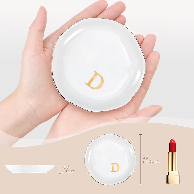 ProCase Ceramic Jewelry Tray, Initial Ring Dish Trinket Plate Engagement Gift, Small Personalized Monogram Ring Bowl for Wedding, White Decorative Jewelry Holder for Women Vanity -Letter D
