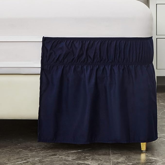 MEILA Wrap Around Bed Skirt Three Fabric Sides Elastic Dust Ruffled 14 Inch Tailored Drop,Easy to Install Fade Resistant-Navy Blue, Queen/King