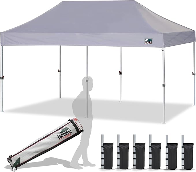 Eurmax USA 10x20ft Pop Up Canopy, Commercial Instant Tent for Outdoor Events, Patented No-Tip Rolling Storage Bag with 6 Sandbags,UV & Water Resistant,Heavy Duty Portable Shelter Gazebo,Grey