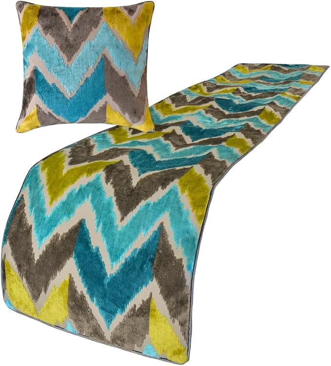 The HomeCentric King/Queen/Twin Blue Decorative King 90"x18" Bed Runner with One Pillow Cover, Velvet, Peacock Colors & Ombre Bed Scarf on Velvet Fabric - Plume Palatte