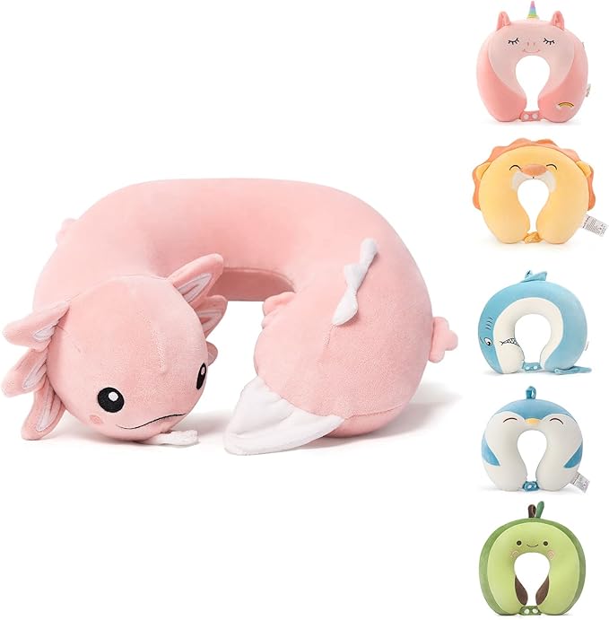 Niuniu Daddy Axolotl Kids Travel Pillow Road Trip Essentials for 9-12 Years Old - Soft Memory Foam Kids Neck Pillow for Airplane Travel Sleeping Essentials- Luminous Cervical Neck Pillow for Adults