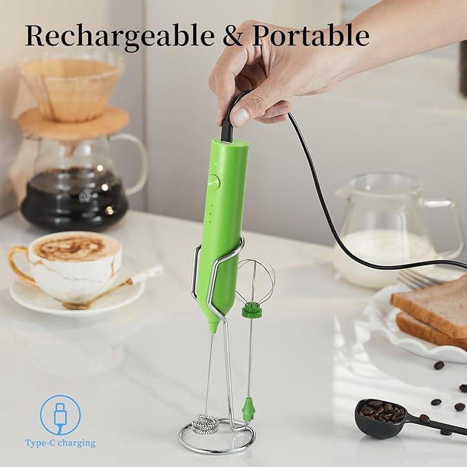 ELMWAY Rechargeable Milk Frother Handheld Foam Maker, 3 Speed Coffee Mixer Wand with 2 Detachable Stainless Steel Whisks and Stand, Electric Drink Mixer for Latte, Hot Chocolate, Protein Powder