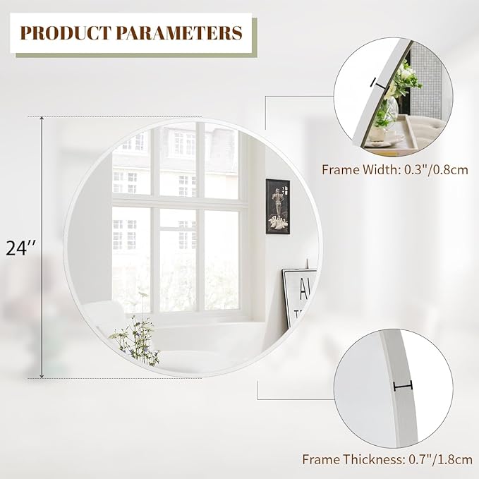 BEAUTYPEAK 24 Inch Round Mirror, Metal Frame Circle Mirror, Wall Mounted for Entryway, Bathroom, Vanity, Living Room, White