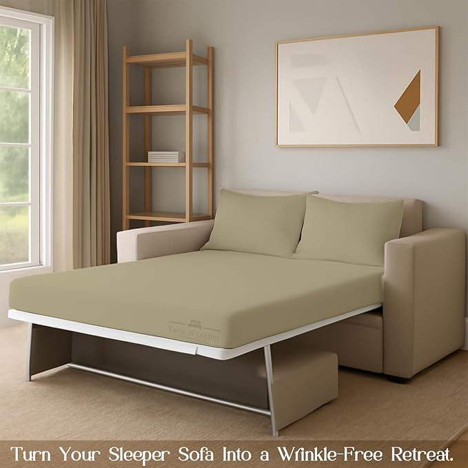 Sleeper Sofa 4 Piece Bed Sheet Set Premium Quality 100% Cotton 500 Thread Count, Smooth & Super Soft Sateen Weave, Extra Soft Bed Sheets, Wrinkle Free, 6 Inch Deep Pocket (Queen, Beige)