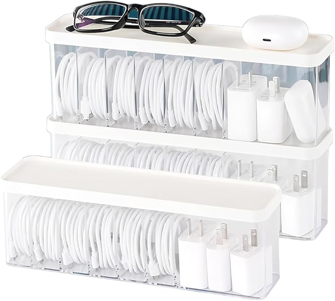 Charger Cable Cord Storage Organizer Box - 3 Pack With Lid - Easy Storage Without Cable Ties