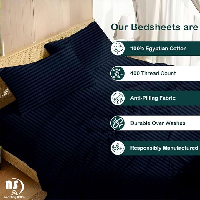 NON Sticky cotton Queen Size Sleeper Sofa Sheets, 4 Piece Egyptian Cotton Bed Sheet Set for Sofa Bed, 10" Deep Pocket for Pull Out Couch Mattress, 60" x 75", Navy Blue Stripe, Soft & Breathable