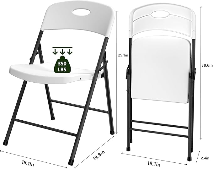 2 Pack White Folding Chair, Plastic Portable Stackable Commercial Seats with Steel Frame 350lb, Heavy Duty Foldable Chair for Indoor and Outdoor, Patio, Office, Picnic, Kitchen, Events