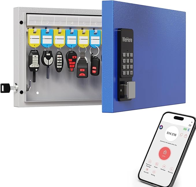 WeHere 24-Key Smart Key Lock Box Wall-Mount, Key Cabinet with Key Management App(Track Key Borrow/Return), Keypad, Bluetooth & WiFi Unlock (Sold Separately) for Commercial, School, Rental, Office