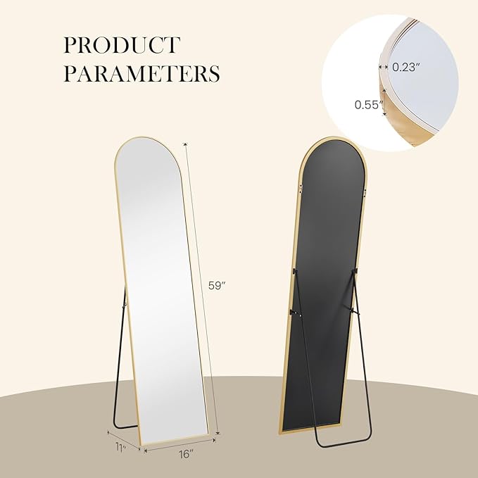 NEWBULIG 59"x16" Arched Full Length Mirror, Full Body Floor Mirror with Aluminum Alloy Thin Frame, Wall or Standing Mirror for Bedroom, Living Room, Dressing Room, Gold-Arched