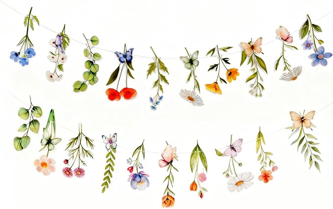 Pre-Strung Flower Garland Wildflower 2PCS Birthday Banner Tea Party Supplies Decorations Butterfly Floral Spring Leaf Daisy Bridal Shower Wedding Gard