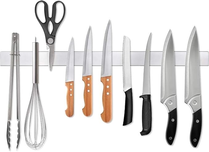 24 Inch Magnetic Knife Strip, Premium Stainless Steel Wall Mounted Kitchen Knives Bar,Space-Saving Powerful No Drilling Magnetic Knife Rack for Home Kitchen Utensil Holder & Tool Holder