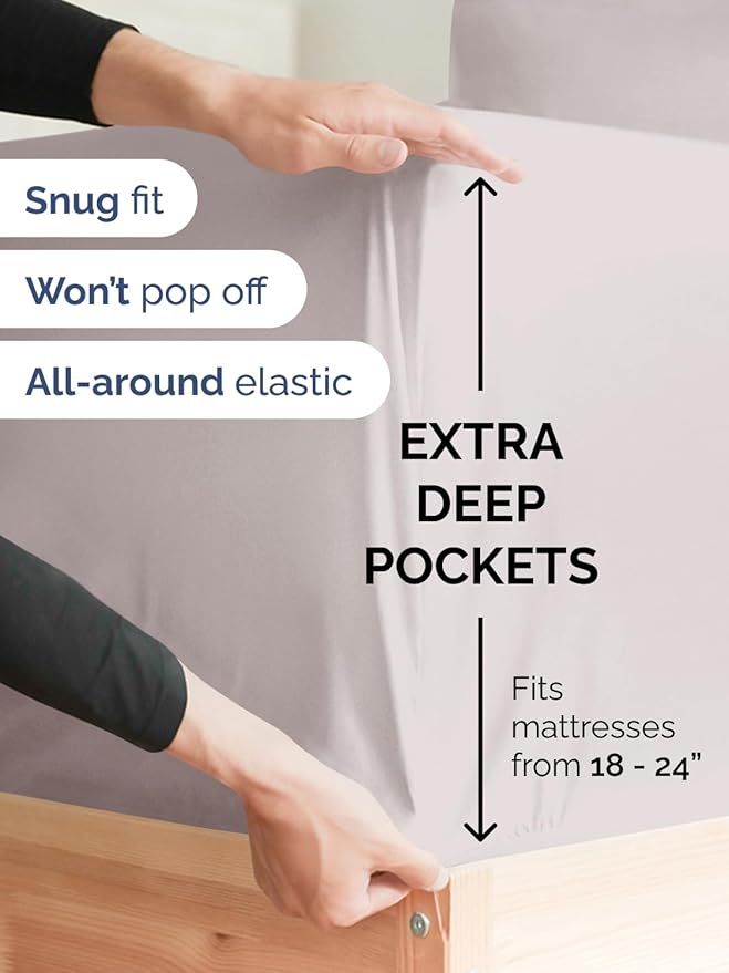 Extra Deep Twin XL Fitted Sheet - Hotel Luxury Single Fitted Sheet Only - Easily Fits 18 inch to 24 inch Mattress - Ultra Soft, Wrinkle Free with Extra Deep Pockets - Breathable & Comfy - Light Grey