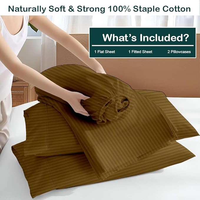 NON Sticky cotton Queen Size Sleeper Sofa Sheets, 4 Piece Egyptian Cotton Bed Sheet Set for Sofa Bed, 10" Deep Pocket for Pull Out Couch Mattress, 60" x 75", Taupe Stripe, Soft & Breathable