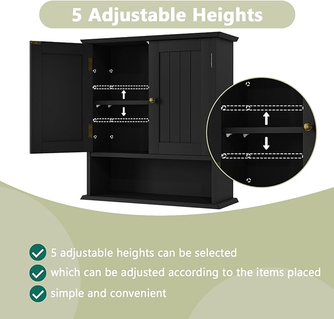 Smuxee Black Wall Cabinet, Small, 2-Door Medicine Cabinet with Adjustable Shelves, Over Toilet, For Kitchen and Laundry Rooms