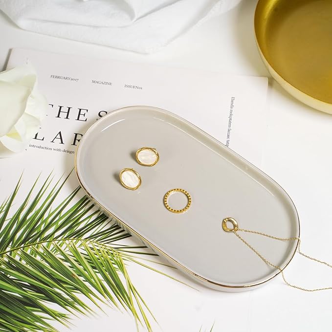 Ceramic Jewelry Dish, Perfume Vanity Tray, 7x4 Decorative Catch All Bowl for Trinket Key Ring, Small Bathroom Counter Tray, Soap Tray for Kitchen Sink (Grey)