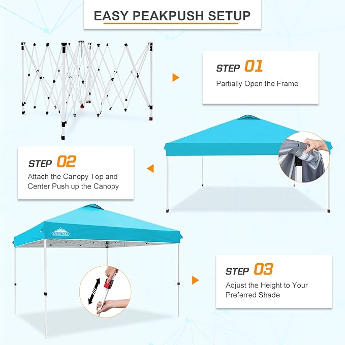 EAGLE PEAK Pop Up Canopy Tent with Wheeled Carry Bag, 8 Stakes, 4 Ropes, 4 Weight Bags, Easy Set Up Tent Canopy, 12x12 ft, 144sqft of Shade, Light Blue