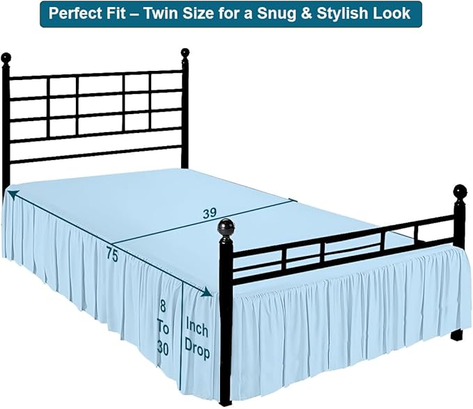Shreem Linen Ruffled Bed Skirt with Split Corners, Gathered Style, 100% Microfiber, 28-Inch Drop, Dust Ruffle Bedskirt with Platform, Twin, Light Blue