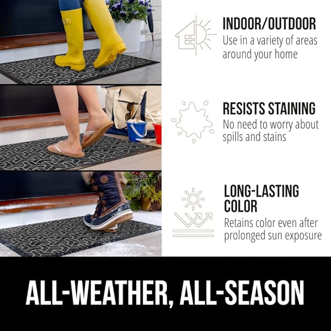 GORILLA GRIP 100% Waterproof All-Season WeatherMax Doormat, 72x24, US Designed Natural Rubber, Stain and Fade Resistant, Low Profile Indoor Outdoor Door Mats, Easy Clean Patio Mat, Slate Geometric