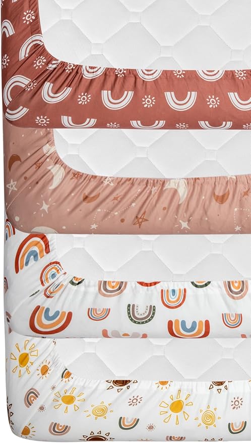 4 Pack Crib Sheets Boho Nursery Sheets Sunshine and Rainbow Desdign Neutral Unisex Fitted Baby Standard Crib Sheets for Baby Boys or Girls (Crib Sheets)