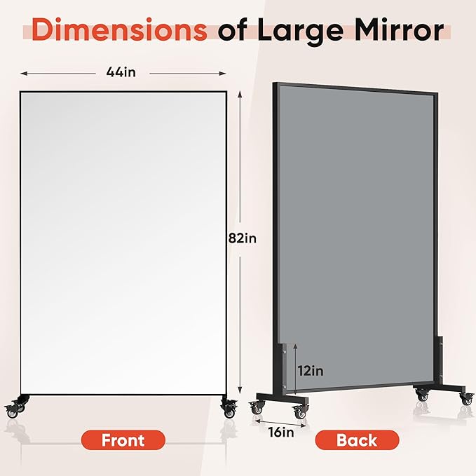 Suidia 82"x44" Extra Large Full Length Mirror on Wheels, 360° Swivel Rolling Mirror Floor, HD Tempered Glass Full Body Standing Mirrors for Home Gym, Yoga, Dance Studio, Bedroom, Rectangular, Black