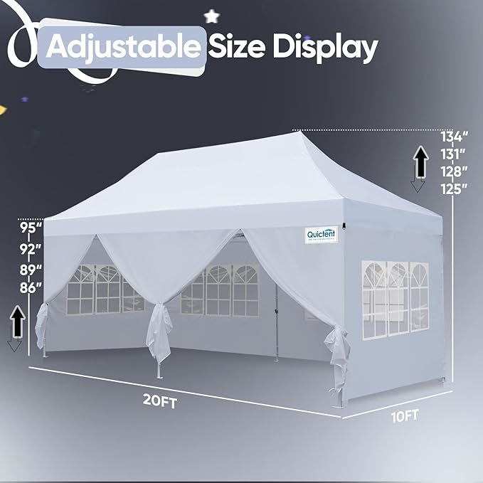 Quictent 10x20 Heavy Duty Pop Up Canopy Tent with Sidewalls, Hexagonal Legs- Commercial Instant Shelter with 3-Year Frame Warranty, 800D Waterproof Oxford Fabric for Weddings, Events, Outdoor Markets