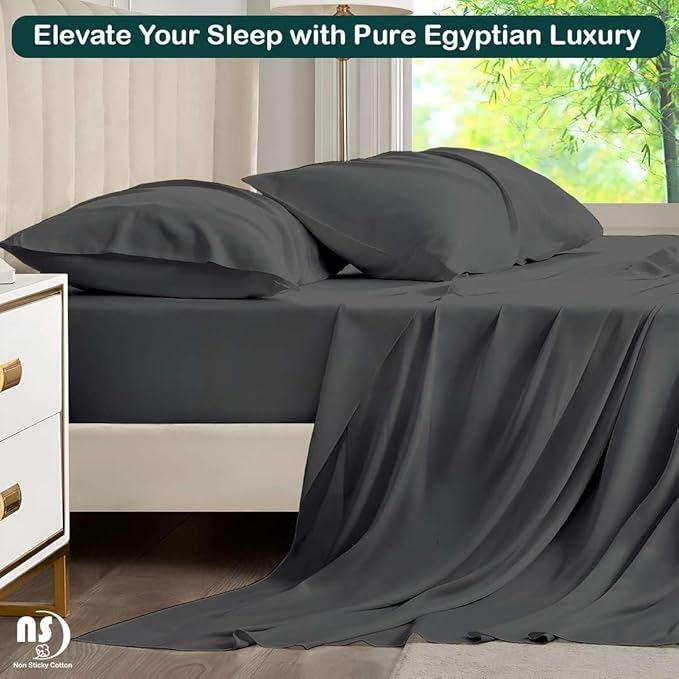 NON Sticky cotton Twin Size Sleeper Sofa Sheets, 4 Piece Egyptian Cotton Bed Sheet Set for Sofa Bed, 6" Deep Pocket Fitted Sheet for Pull Out Couch Mattress, 39" x 75", Dark Grey Solid