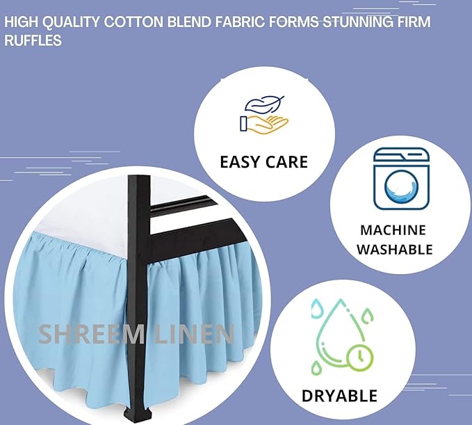 Shreem Linen Ruffled Bed Skirt with Split Corners, Gathered Style, 100% Microfiber, 8-Inch Drop, Dust Ruffle Bedskirt with Platform, Full-XL, Light Blue