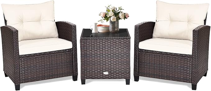 COSTWAY 3PCS Patio Furniture Set, PE Rattan Wicker Sofa w/Washable Cushion and