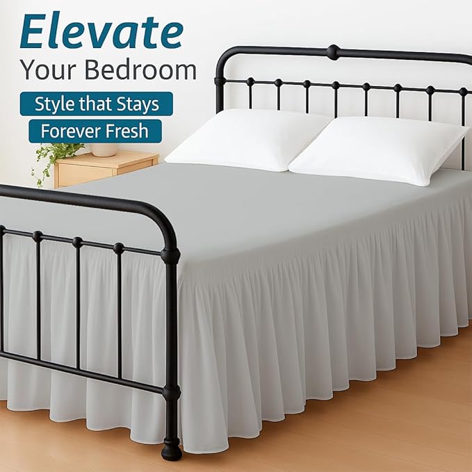 Shreem Linen Ruffled Bed Skirt with Split Corners, Gathered Style, 100% Microfiber, 12-Inch Drop, Dust Ruffle Bedskirt with Platform, King, Light Grey