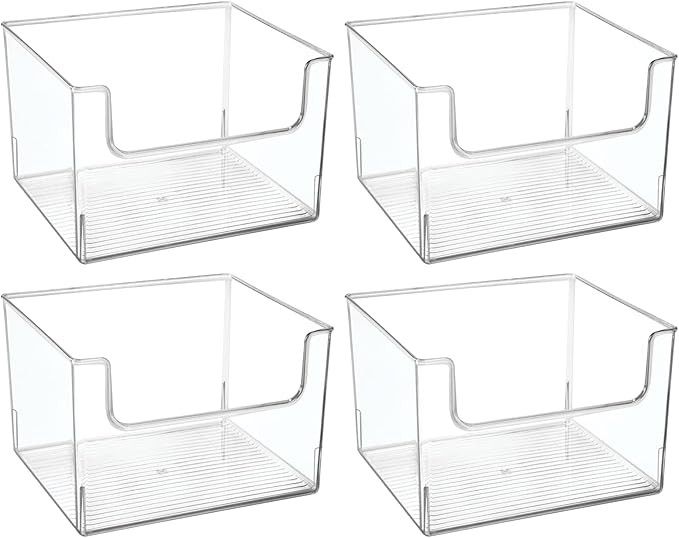 mDesign Modern Plastic Open Front Dip Storage Organizer Bin Basket for Household Organization - Shelves, Cubby, Cabinet, and Closet Organizing Decor - Ligne Collection - 4 Pack - Clear