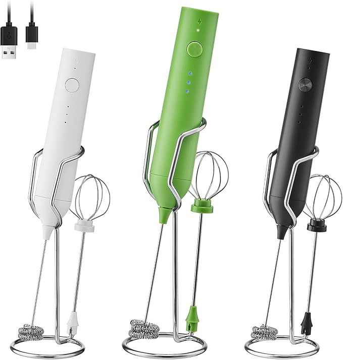 ELMWAY Rechargeable Milk Frother Handheld Foam Maker, 3 Speed Coffee Mixer Wand with 2 Detachable Stainless Steel Whisks and Stand, Electric Drink Mixer for Latte, Hot Chocolate, Protein Powder