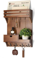 Rebee Vision Farmhouse Key Holder Wall Mount – Decorative Mail Organizer with 9 Key Hooks and Mini Drawer Organizer – Rustic Home Decor for Apartment Essentials (Brown)
