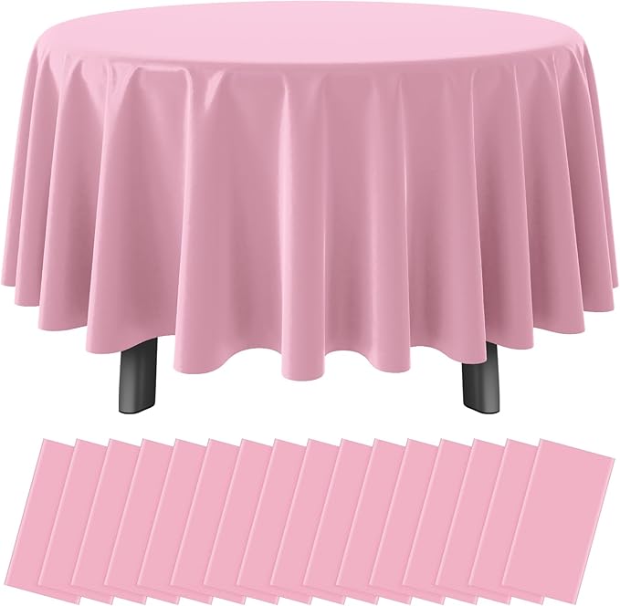 16 Pack Light Pink Plastic Tablecloth for Round Tables, Premium Decorative Pink Disposable Table Cloths for Parties, Bulk Round Party Table Cover for Birthday Wedding Anniversary Graduation, 84 Inch