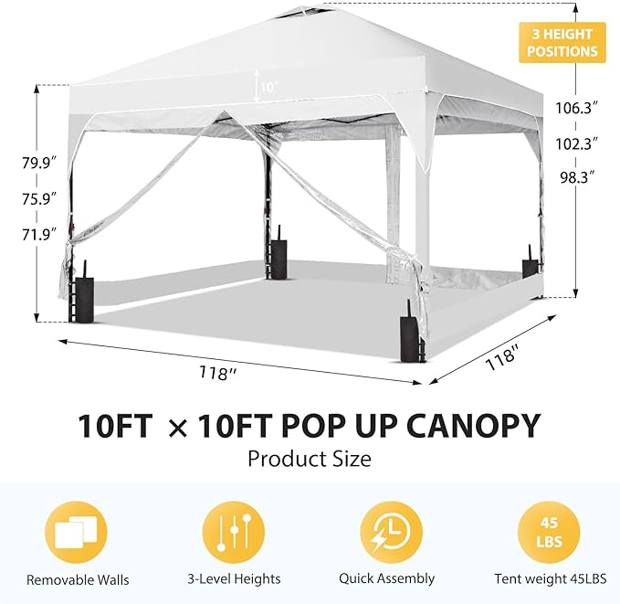 10x10 FT Pop Up Canopy with 4 Clear PVC Sidewalls, Instant 1-Button Push Canopy Tent for Outdoor Activities & Events