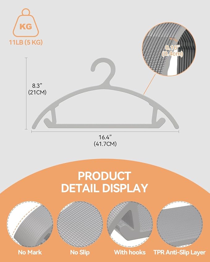 ABHENG 30 Pack Clothes Hangers, Non Slip Heavy Duty Plastic Hangers, Space Saving All-in-One Garment Hangers for Dresses Suits Jeans Knits, Hold Up to 11 LB Dry & Wet, 16.4" x 8.3", Gray, UAPY0830G