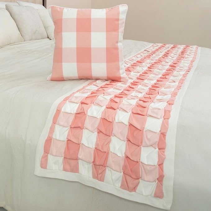 The HomeCentric King/Queen/Twin Peach Pink Decorative Queen 74"x18" Bed Runner with 2 Pillow Cover, Textured & Buffalo Checks Bed Scarf on Cotton Fabric - Buffalo Plaid Peach