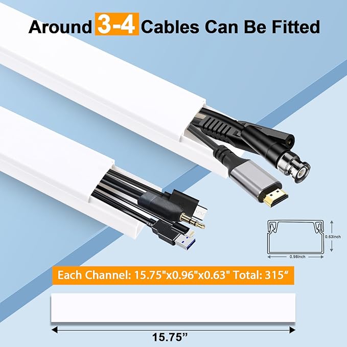 Cord Hider, RAZCC 315 Inch Cable Cover Raceway Kit for Cable Management, Wire Covers for Cords, Cord Covers for Wires on Wall, Simple and Easy Installation, 20 Pack Wire Hider, White